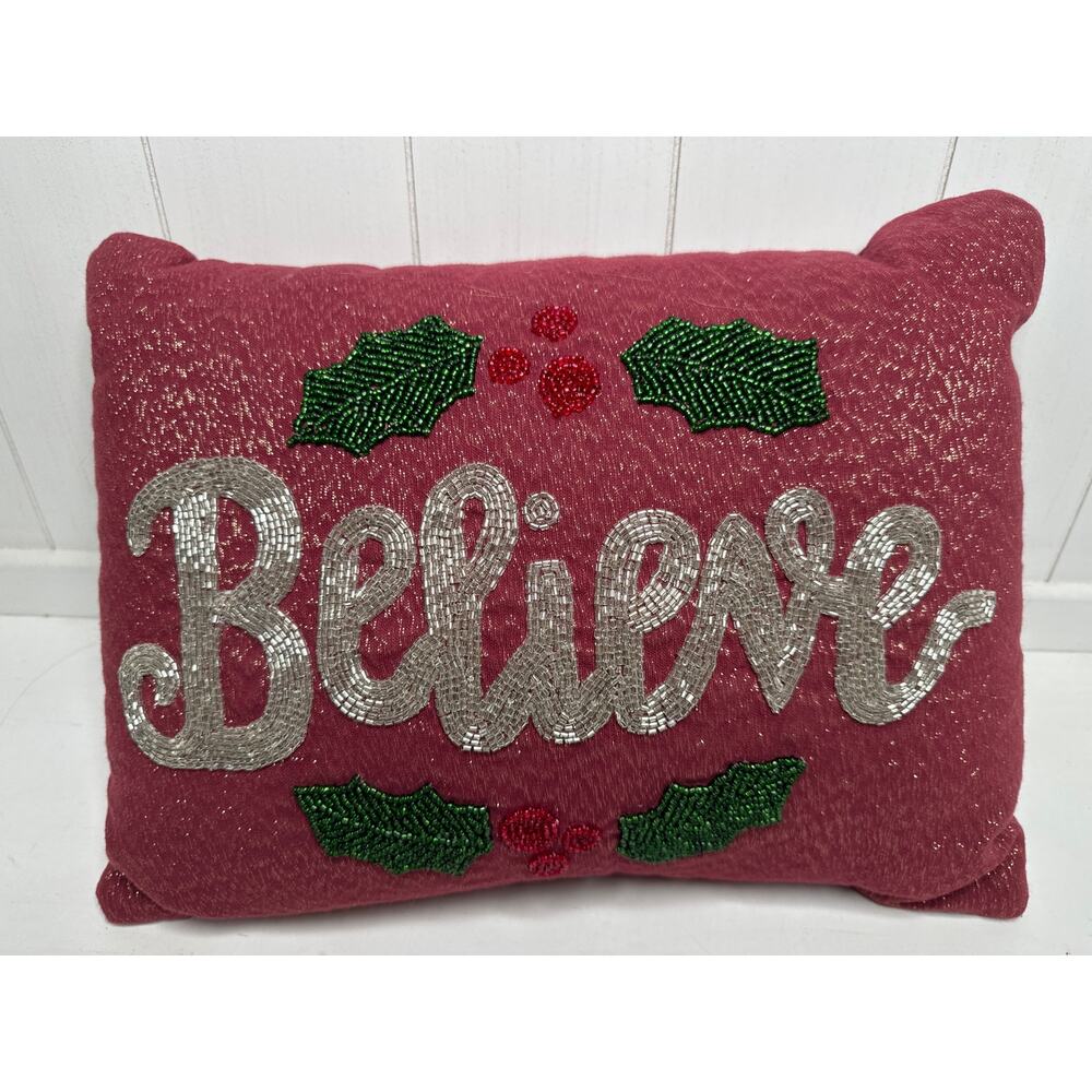 Cranberry Red and Gold Beaded "Believe" Holiday Decorative Pillow 16"x12" NWOT